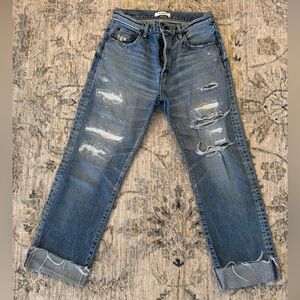 Moussy Vintage Distressed Blue Boyfriend Jeans with Frayed Cuffs